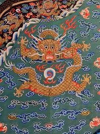 A Chinese embroidered turquoise-ground five-clawed dragon robe, 'jifu', 19th C.