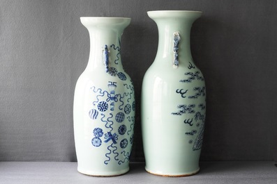 A pair of Chinese powder blue ground yenyen vases and two celadon vases, 19th C.