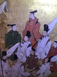 Un &eacute;cran byobu &agrave; deux feuilles &agrave; d&eacute;cor de voyageurs dans un paysage, Japon, Edo, 17/18&egrave;me