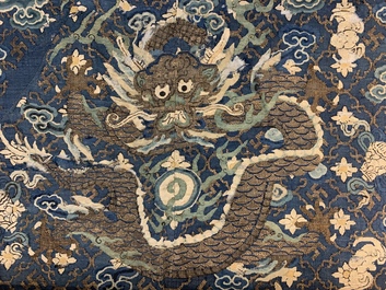 An uncut Chinese blue-ground five-clawed dragon robe, 19th C.