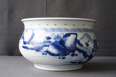 A Chinese blue and white censer with figures in a landscape, Kangxi