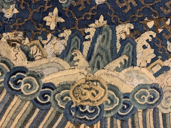 An uncut Chinese blue-ground five-clawed dragon robe, 19th C.
