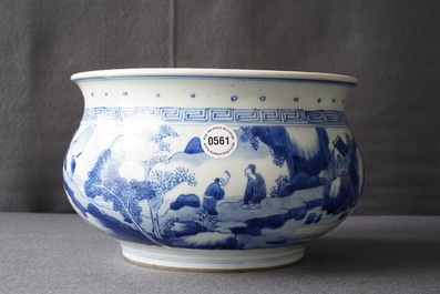A Chinese blue and white censer with figures in a landscape, Kangxi