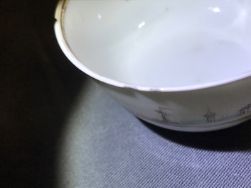 Vier Chinese famille rose koppen en schotels met decor van het 'Afscheid van de zeeman', Qianlong