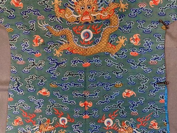 A Chinese embroidered turquoise-ground five-clawed dragon robe, 'jifu', 19th C.