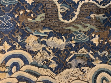 An uncut Chinese blue-ground five-clawed dragon robe, 19th C.