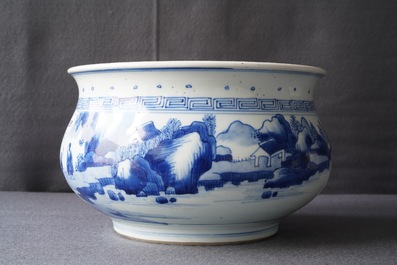 A Chinese blue and white censer with figures in a landscape, Kangxi