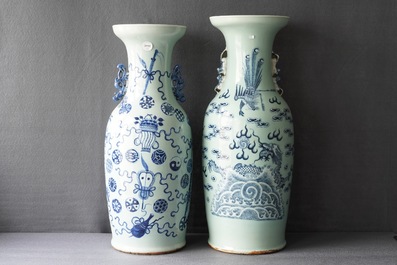 A pair of Chinese powder blue ground yenyen vases and two celadon vases, 19th C.