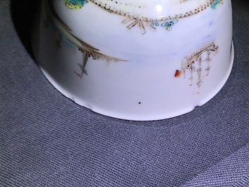 Vier Chinese famille rose koppen en schotels met decor van het 'Afscheid van de zeeman', Qianlong