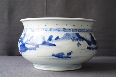 A Chinese blue and white censer with figures in a landscape, Kangxi