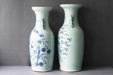 A pair of Chinese powder blue ground yenyen vases and two celadon vases, 19th C.