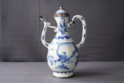 A Chinese blue and white silver-mounted jug and cover, Transitional period
