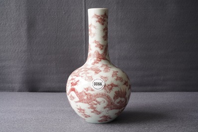 A Chinese underglaze red bottle-shaped 'dragon' vase, 19/20th C.