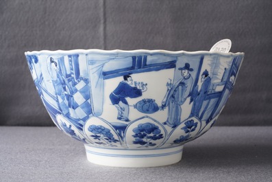 Een Chinese blauwwitte gemouleerde kom met interieursc&egrave;nes, Xuande merk, Kangxi