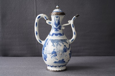 A Chinese blue and white silver-mounted jug and cover, Transitional period