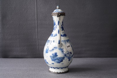 A Chinese blue and white silver-mounted jug and cover, Transitional period