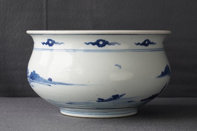 Een Chinese blauwwitte wierookbrander met figuren in een landschap, Kangxi