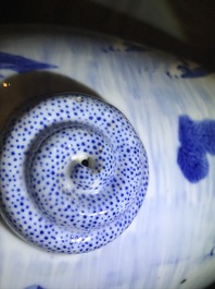 A pair of Chinese blue and white 'fish and crab' vases, Kangxi mark, 19th C.