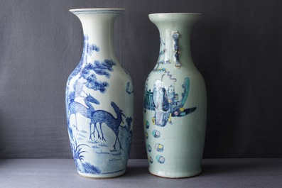 Deux vases en porcelaine de Chine bleu et blanc et famille rose, 19&egrave;me