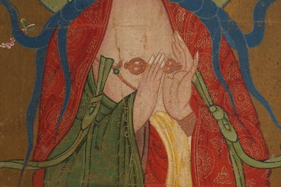 Chinese school: The goddess Guanyin standing, ink and colour on paper, 18/19th C.