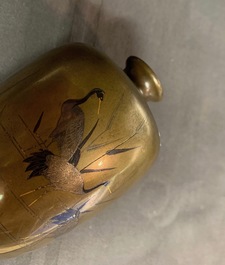 A Japanese inlaid bronze vase, a bronze censer and a parcel-gilt copper brush pot, Meiji, 19th C.