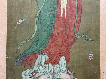 Chinese school: The goddess Guanyin standing, ink and colour on paper, 18/19th C.