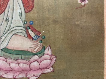 Chinese school: The goddess Guanyin standing, ink and colour on paper, 18/19th C.