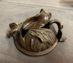 A Japanese inlaid bronze vase, a bronze censer and a parcel-gilt copper brush pot, Meiji, 19th C.