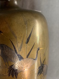 A Japanese inlaid bronze vase, a bronze censer and a parcel-gilt copper brush pot, Meiji, 19th C.