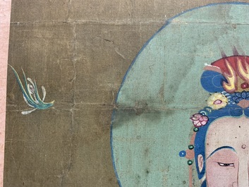 Chinese school: The goddess Guanyin standing, ink and colour on paper, 18/19th C.