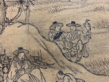 Korean school: Figures in a landscape, ink on paper, Joseon, 18/19th C.