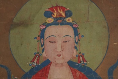 Chinese school: The goddess Guanyin standing, ink and colour on paper, 18/19th C.