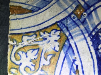 Three ornamental Antwerp maiolica tiles, 16th C.