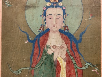 Chinese school: The goddess Guanyin standing, ink and colour on paper, 18/19th C.