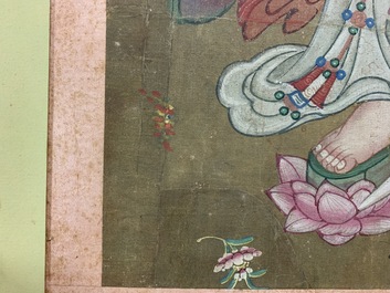 Chinese school: The goddess Guanyin standing, ink and colour on paper, 18/19th C.