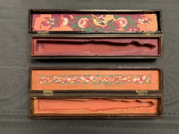 Two Chinese lacquer and painted paper fans with original boxes, Canton, 19th C.
