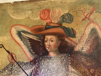 &Eacute;cole de Cuzco, P&eacute;rou: Ange &agrave; l'arquebuse, huile sur toile, 18&egrave;me