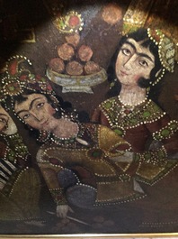 A Qajar arch-shaped oil on canvas: Zulaikha's servants cutting their hands as Yusuf appears, Qajar, 19th C.