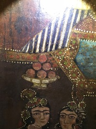 A Qajar arch-shaped oil on canvas: Zulaikha's servants cutting their hands as Yusuf appears, Qajar, 19th C.