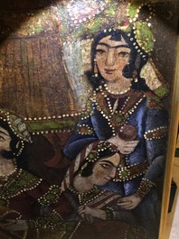 A Qajar arch-shaped oil on canvas: Zulaikha's servants cutting their hands as Yusuf appears, Qajar, 19th C.