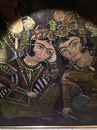 A Qajar arch-shaped oil on canvas: Zulaikha's servants cutting their hands as Yusuf appears, Qajar, 19th C.