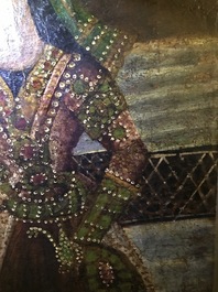 A Qajar arch-shaped oil on canvas: Zulaikha's servants cutting their hands as Yusuf appears, Qajar, 19th C.