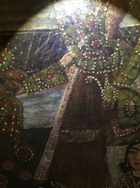 A Qajar arch-shaped oil on canvas: Zulaikha's servants cutting their hands as Yusuf appears, Qajar, 19th C.