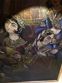 A Qajar arch-shaped oil on canvas: Zulaikha's servants cutting their hands as Yusuf appears, Qajar, 19th C.