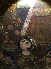 A Qajar arch-shaped oil on canvas: Zulaikha's servants cutting their hands as Yusuf appears, Qajar, 19th C.