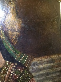 A Qajar arch-shaped oil on canvas: Zulaikha's servants cutting their hands as Yusuf appears, Qajar, 19th C.