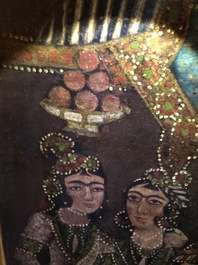 A Qajar arch-shaped oil on canvas: Zulaikha's servants cutting their hands as Yusuf appears, Qajar, 19th C.