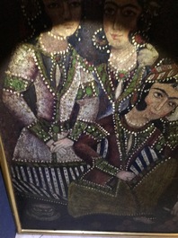 A Qajar arch-shaped oil on canvas: Zulaikha's servants cutting their hands as Yusuf appears, Qajar, 19th C.