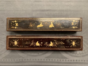 Two Chinese lacquer and painted paper fans with original boxes, Canton, 19th C.
