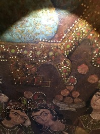 A Qajar arch-shaped oil on canvas: Zulaikha's servants cutting their hands as Yusuf appears, Qajar, 19th C.